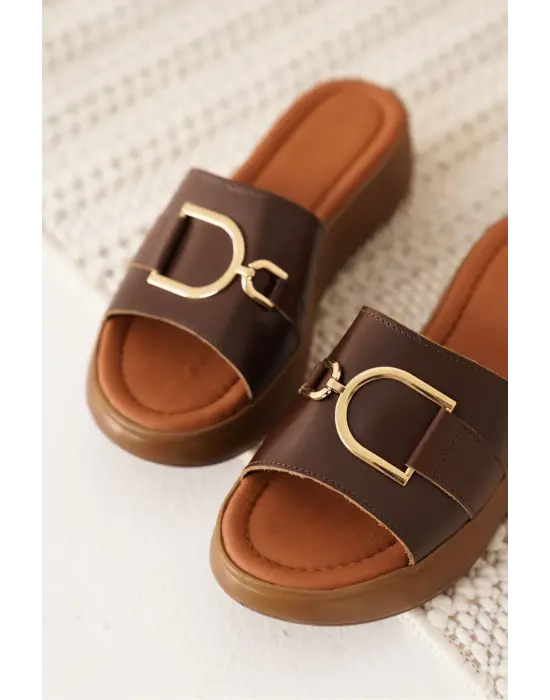 Maria Acı Kahve Hakiki Deri Terlik