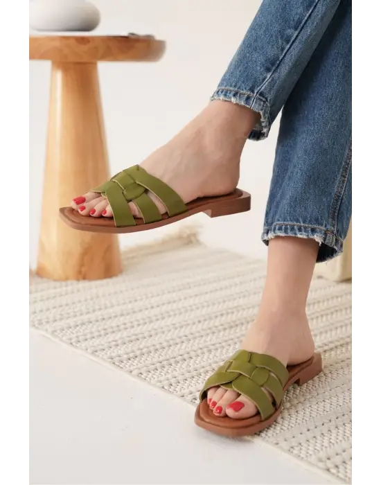 Marlen Haki Yeşili Hakiki Deri Terlik