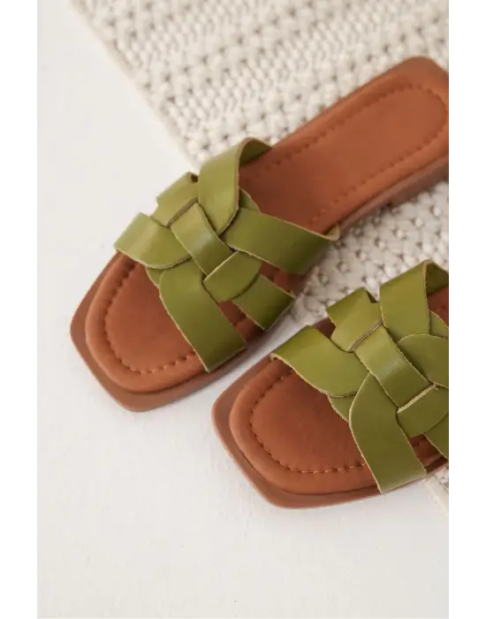 Marlen Haki Yeşili Hakiki Deri Terlik