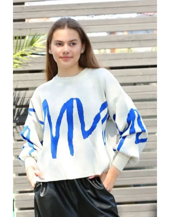 Mavi Çizgili Bisiklet Yaka Kazak Beyaz