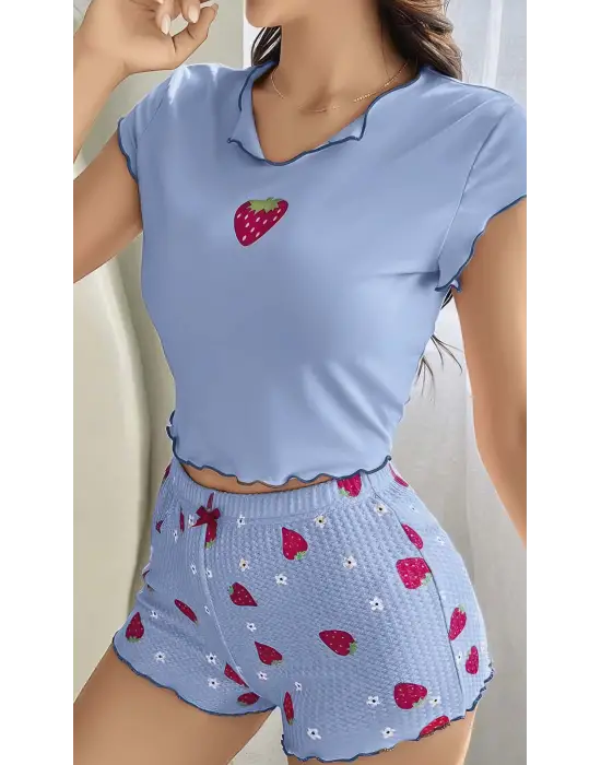 Mavi Önü Çilek Detaylı Şortlu Gecelik Takımı