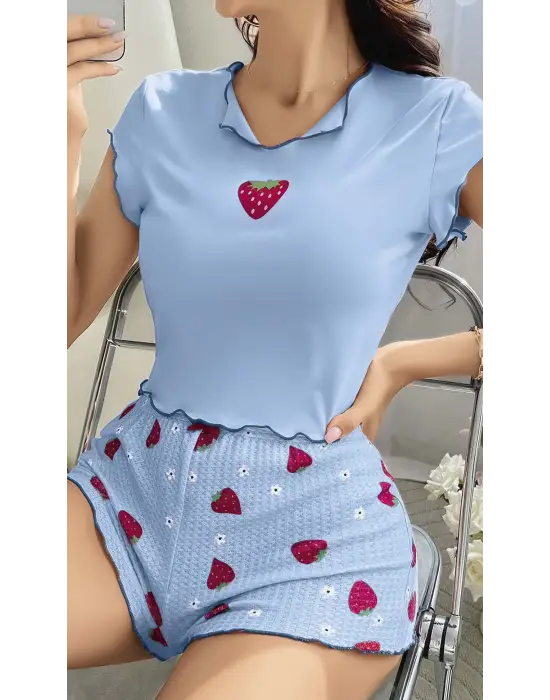 Mavi Önü Çilek Detaylı Şortlu Gecelik Takımı