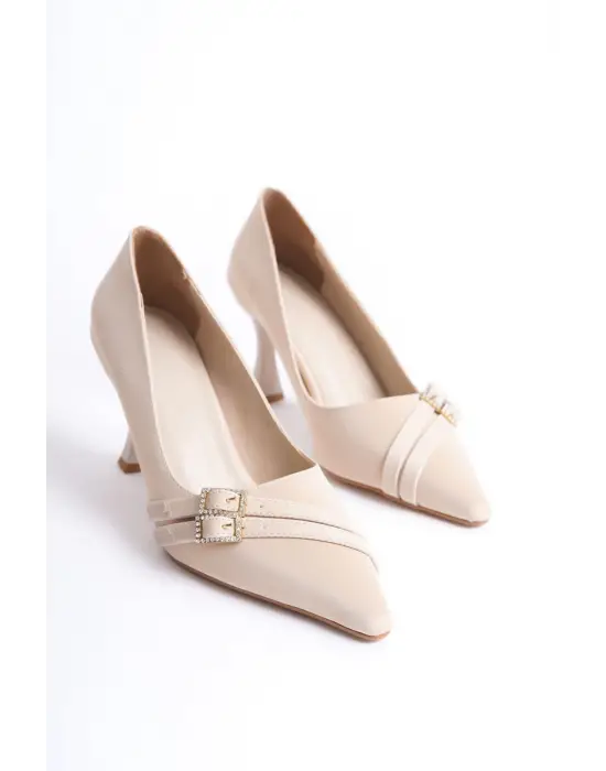 Maya Kadın Bej Saten Topuklu Ayakkabı