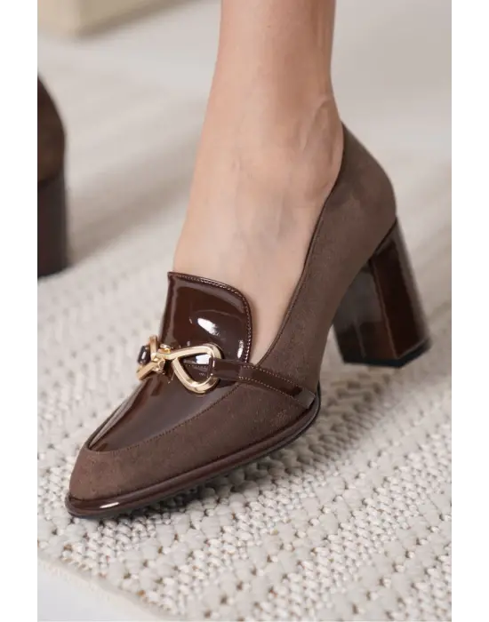 Melly Acı Kahve Rugan Süet Detaylı Kadın Topuklu Ayakkabı