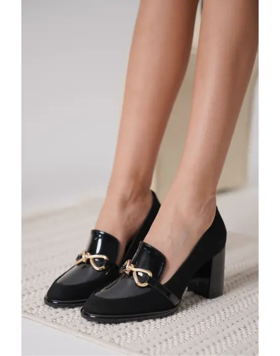 Melly Siyah Rugan Süet Detaylı Kadın Topuklu Ayakkabı