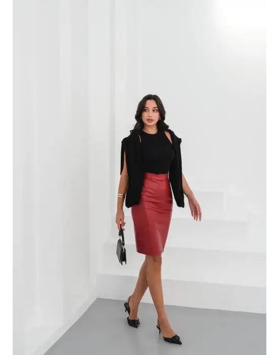 Midi Boy Deri Kalem Etek Bordo H26780