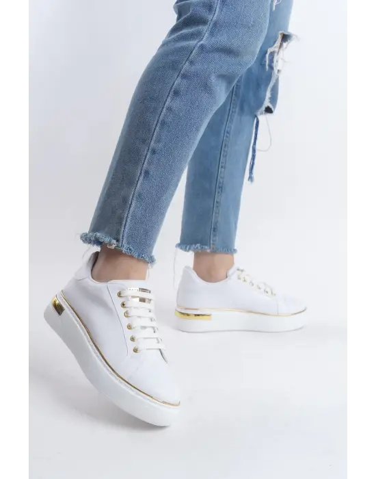 Mına Bağcıklı Ortopedik Taban Kadın Sneaker Spor Ayakkabı  Bt - Beyaz/altın