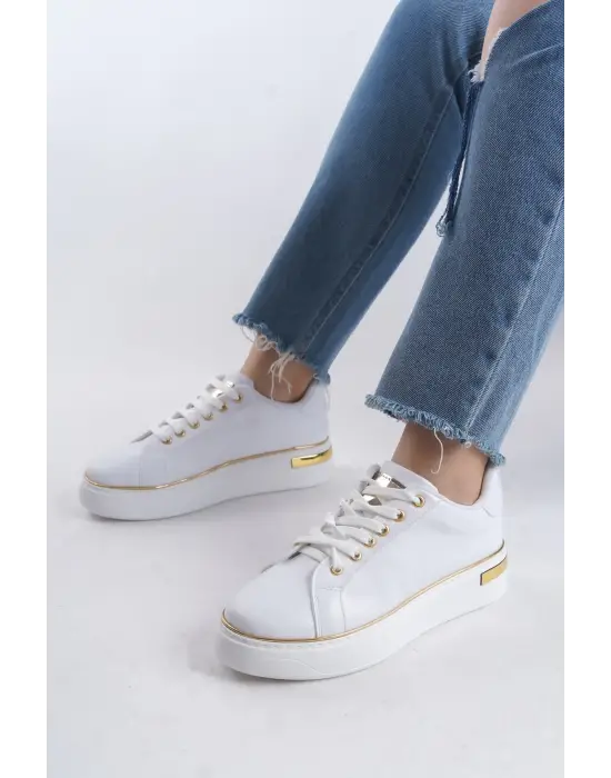 Mına Bağcıklı Ortopedik Taban Kadın Sneaker Spor Ayakkabı  Bt - Beyaz/altın