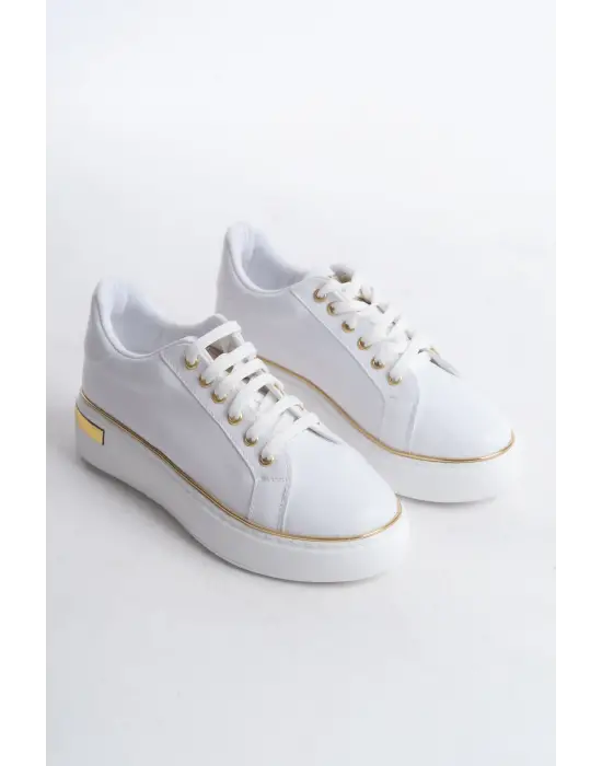 Mına Bağcıklı Ortopedik Taban Kadın Sneaker Spor Ayakkabı  Bt - Beyaz/altın