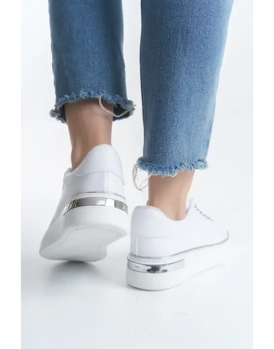 Mına Bağcıklı Ortopedik Taban Kadın Sneaker Spor Ayakkabı  Bt - Beyaz/gümüş