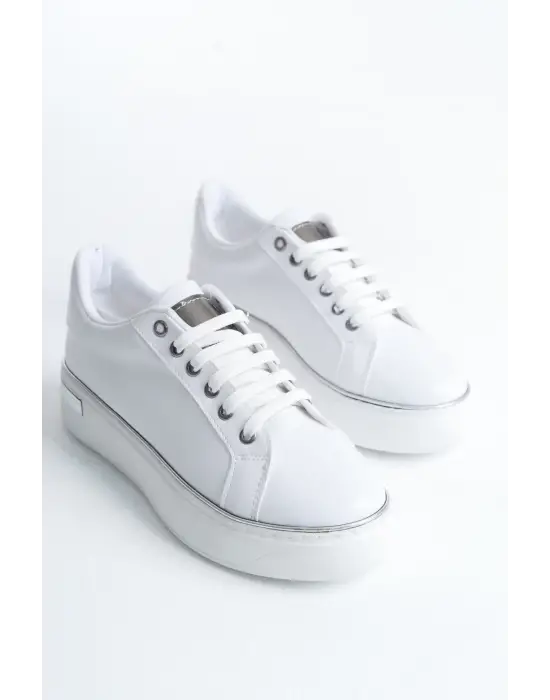 Mına Bağcıklı Ortopedik Taban Kadın Sneaker Spor Ayakkabı  Bt - Beyaz/gümüş