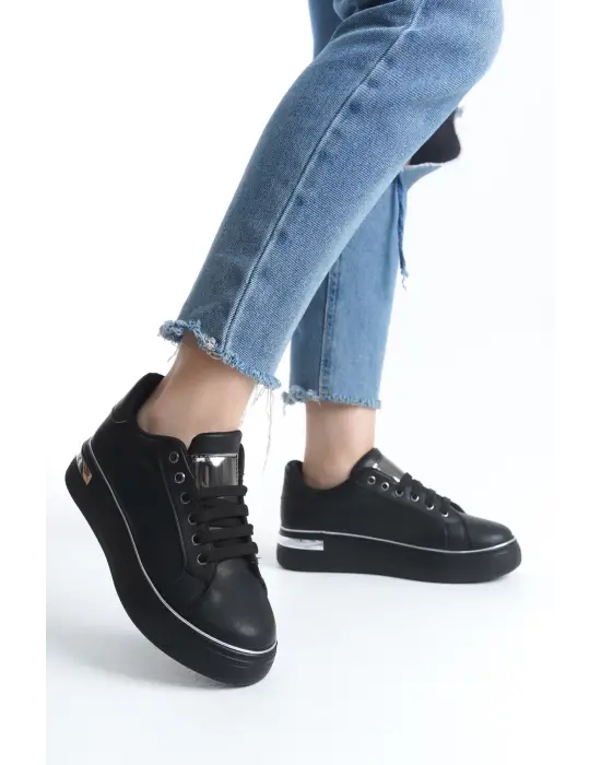 Mına Bağcıklı Ortopedik Taban Kadın Sneaker Spor Ayakkabı St - Siyah/gümüş