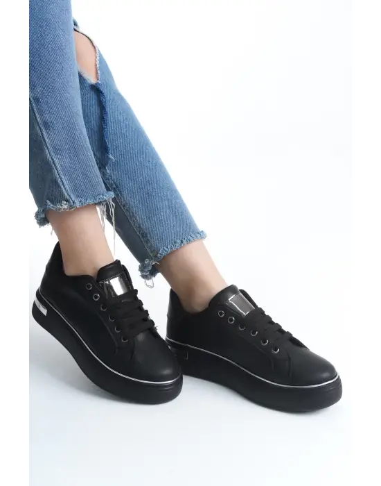 Mına Bağcıklı Ortopedik Taban Kadın Sneaker Spor Ayakkabı St - Siyah/gümüş