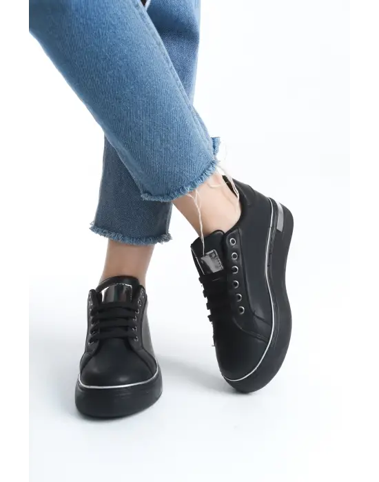 Mına Bağcıklı Ortopedik Taban Kadın Sneaker Spor Ayakkabı St - Siyah/gümüş