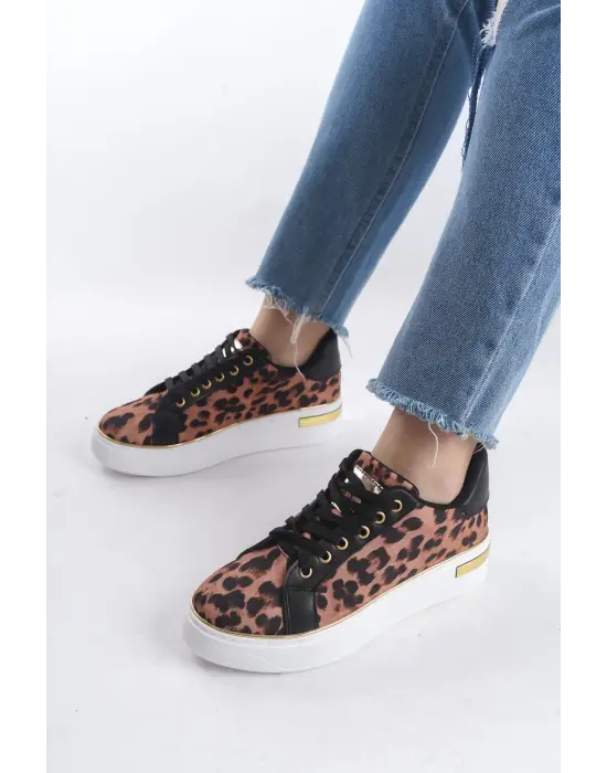 Mına Bağcıklı Ortopedik Taban Leopar Desenli Kadın Sneaker Spor Ayakkabı  Bt - Kahverengi