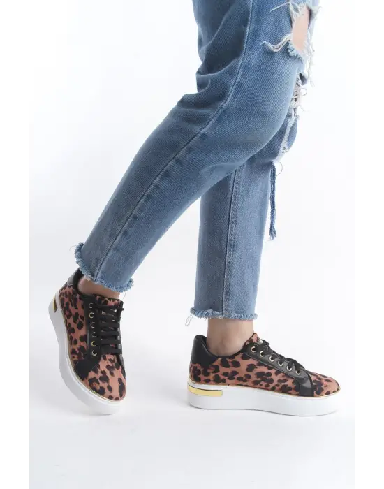 Mına Bağcıklı Ortopedik Taban Leopar Desenli Kadın Sneaker Spor Ayakkabı  Bt - Kahverengi
