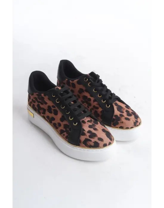 Mına Bağcıklı Ortopedik Taban Leopar Desenli Kadın Sneaker Spor Ayakkabı  Bt - Kahverengi