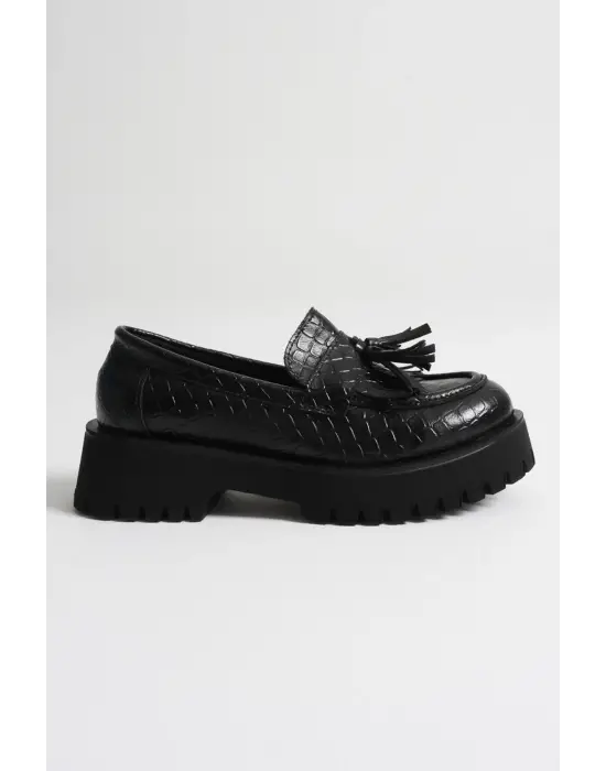 Mina Kadın Günlük Siyah Kroko Baskılı Loafer Ayakkabı