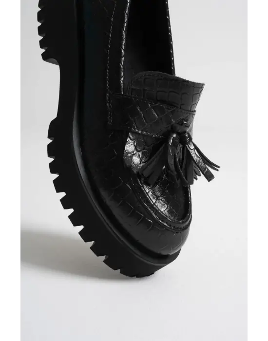 Mina Kadın Günlük Siyah Kroko Baskılı Loafer Ayakkabı