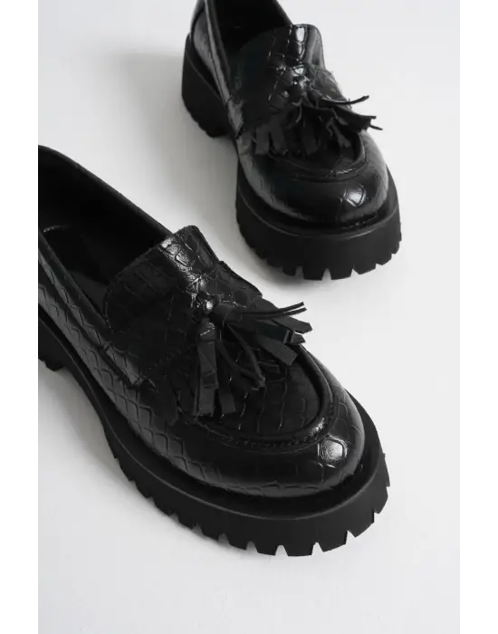 Mina Kadın Günlük Siyah Kroko Baskılı Loafer Ayakkabı