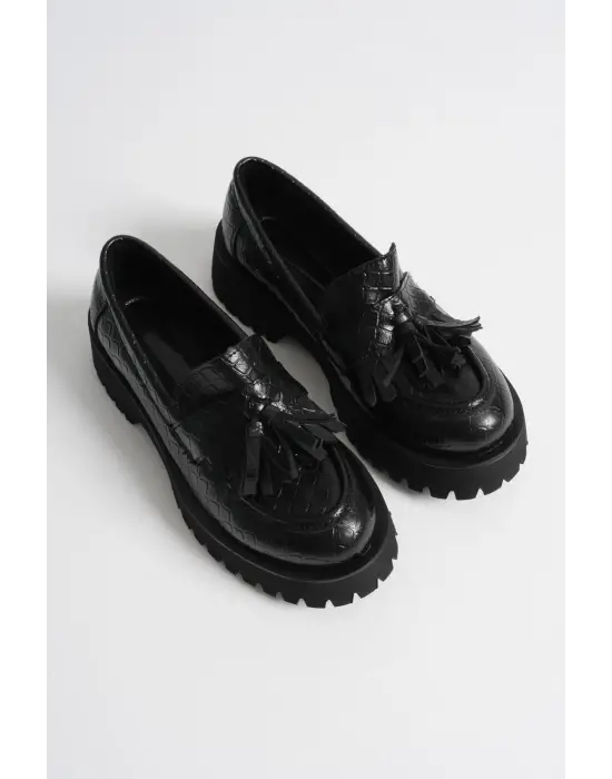 Mina Kadın Günlük Siyah Kroko Baskılı Loafer Ayakkabı