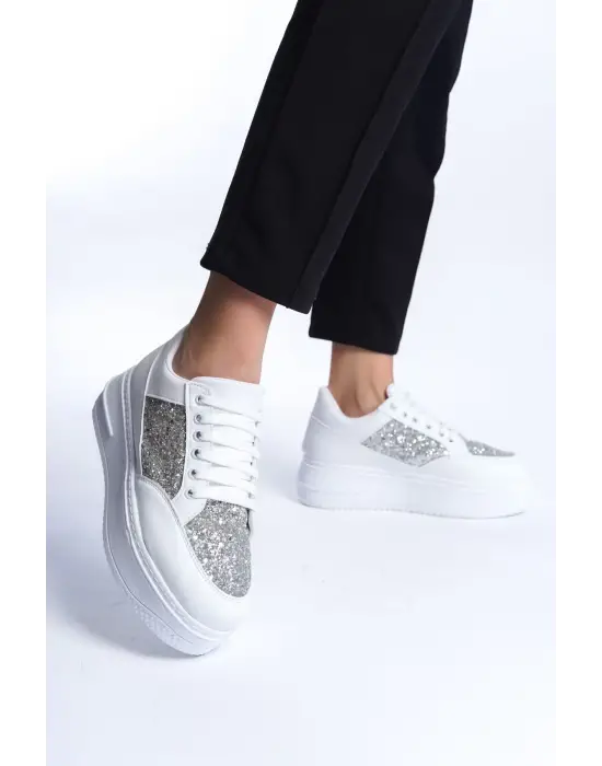 Mıpa Bağcıklı Ortopedik Taban Simli Kadın Sneaker Spor Ayakkabı  Bt - Beyaz