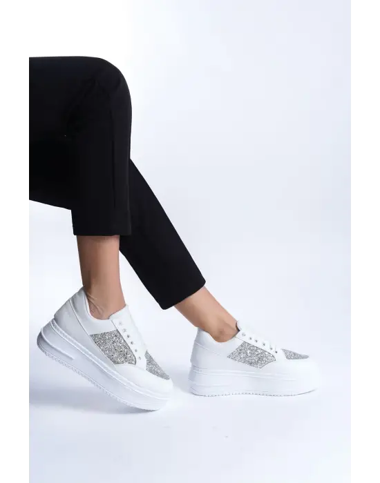 Mıpa Bağcıklı Ortopedik Taban Simli Kadın Sneaker Spor Ayakkabı  Bt - Beyaz