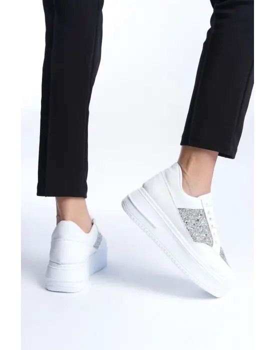Mıpa Bağcıklı Ortopedik Taban Simli Kadın Sneaker Spor Ayakkabı  Bt - Beyaz