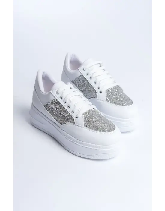 Mıpa Bağcıklı Ortopedik Taban Simli Kadın Sneaker Spor Ayakkabı  Bt - Beyaz