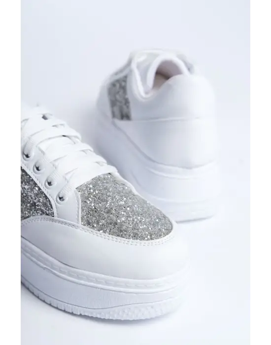 Mıpa Bağcıklı Ortopedik Taban Simli Kadın Sneaker Spor Ayakkabı  Bt - Beyaz