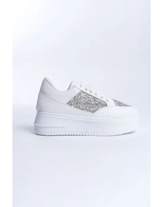 Mıpa Bağcıklı Ortopedik Taban Simli Kadın Sneaker Spor Ayakkabı  Bt - Beyaz