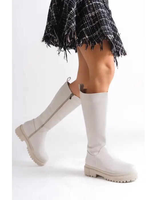 Mıra Bağcıksız Fermuarlı Ortopedik Taban Kadın Çizme Kt - Krem