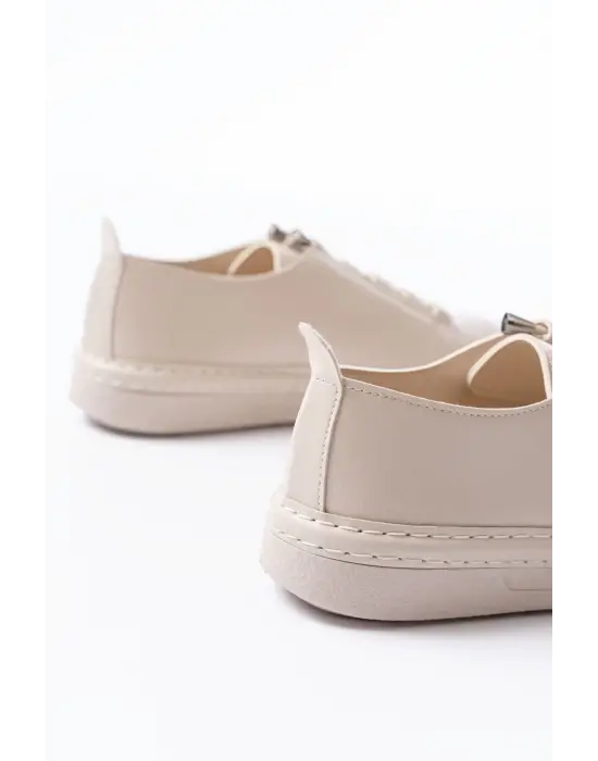 Mk-9026 Bej Bağcıklı Taş Aksesuarlı Günlük Spor Ayakkabı