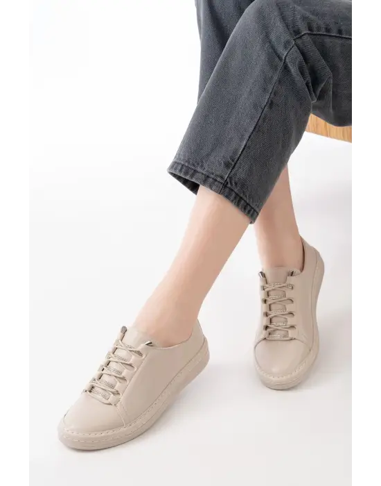 Mk-9026 Bej Bağcıklı Taş Aksesuarlı Günlük Spor Ayakkabı