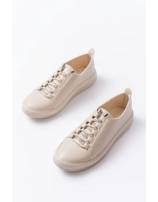 Mk-9026 Bej Bağcıklı Taş Aksesuarlı Günlük Spor Ayakkabı