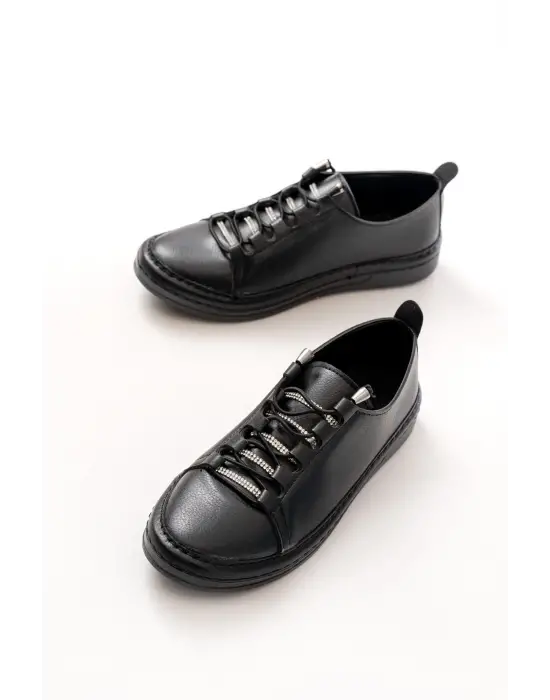 Mk-9026 Siyah Bağcıklı  Taş Aksesuarlı Günlük Spor Ayakkabı