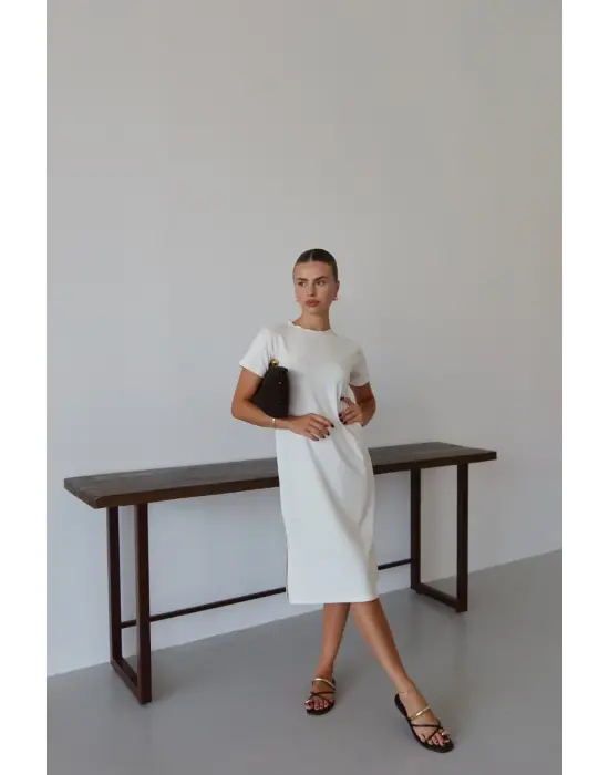 Modal Yırtmaçlı Elbise Beyaz Pt