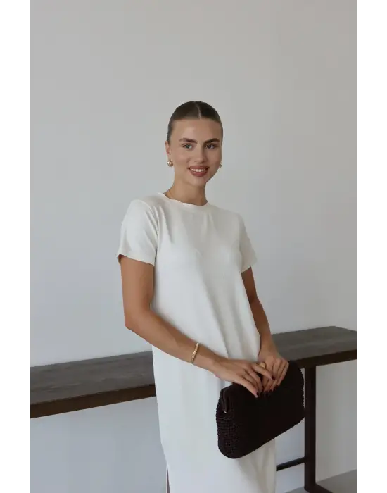 Modal Yırtmaçlı Elbise Beyaz Pt