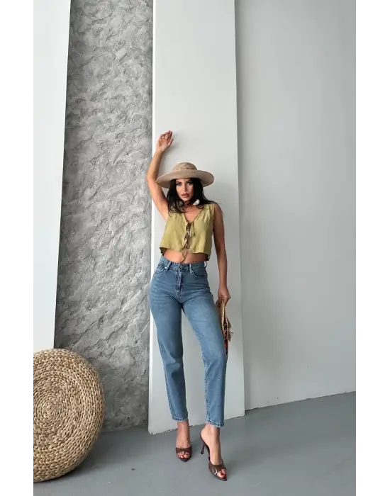 Mom Fit Bıyık Kar Yıkama Jeans Pantolon Koyu Mavi D2006