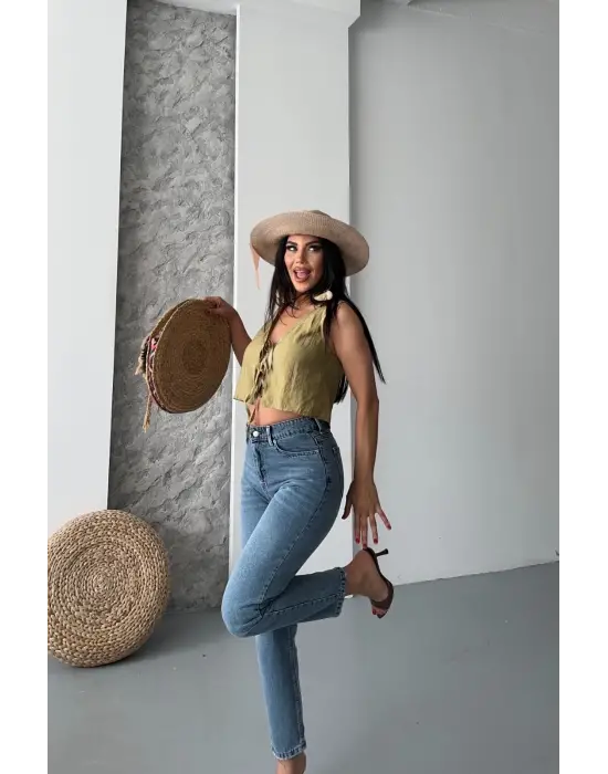 Mom Fit Bıyık Kar Yıkama Jeans Pantolon Koyu Mavi D2006