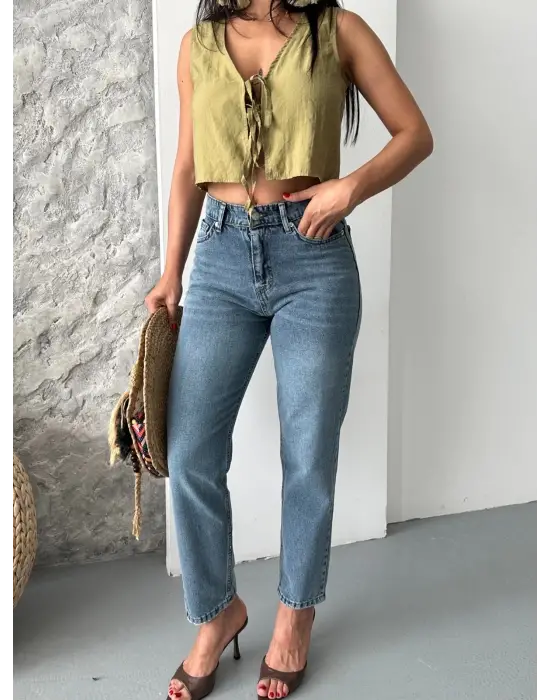 Mom Fit Bıyık Kar Yıkama Jeans Pantolon Koyu Mavi D2006