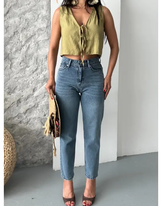Mom Fit Bıyık Kar Yıkama Jeans Pantolon Koyu Mavi D2006