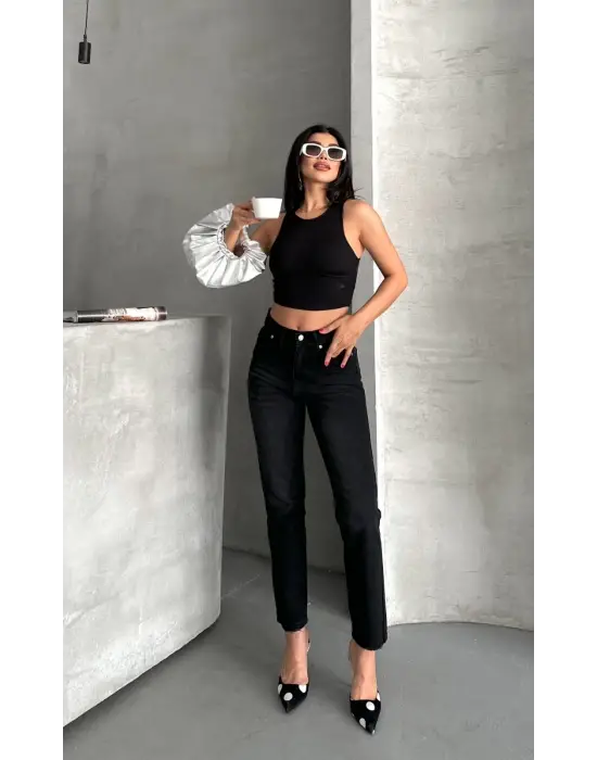 Mom Fit Enzim Bıyıklı Taş Yıkama Jeans Pantolon Siyah D2006