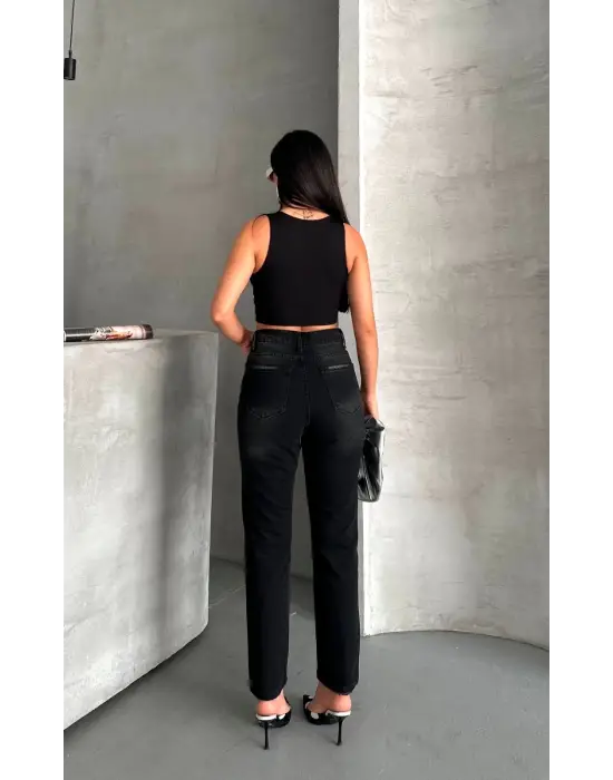 Mom Fit Enzim Bıyıklı Taş Yıkama Jeans Pantolon Siyah D2006