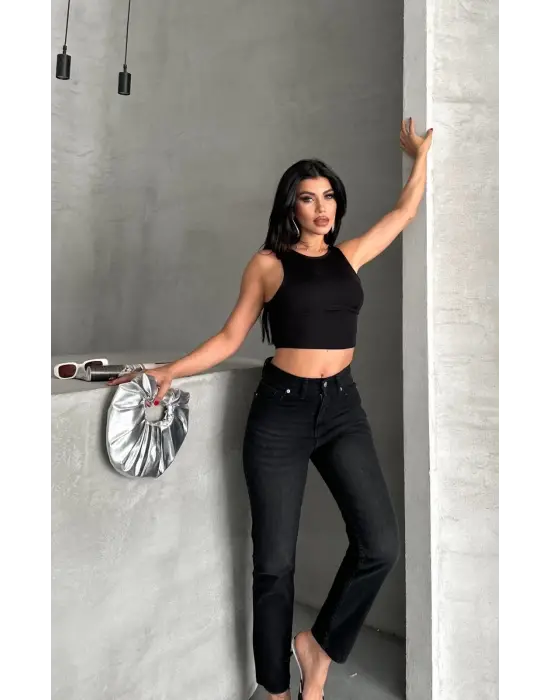 Mom Fit Enzim Bıyıklı Taş Yıkama Jeans Pantolon Siyah D2006