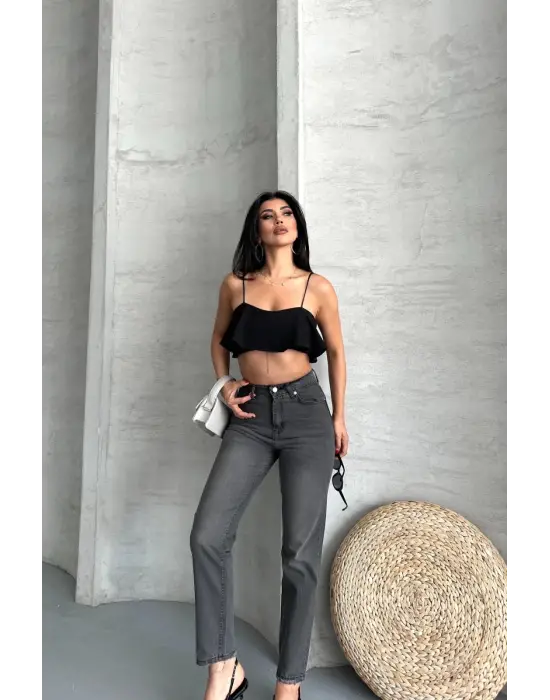 Mom Fit Enzim Taş Yıkama Jeans Pantolon Füme D2006