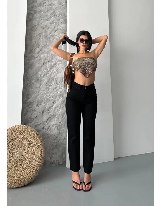 Mom Fit Enzim Taş Yıkama Jeans Pantolon Siyah D2006