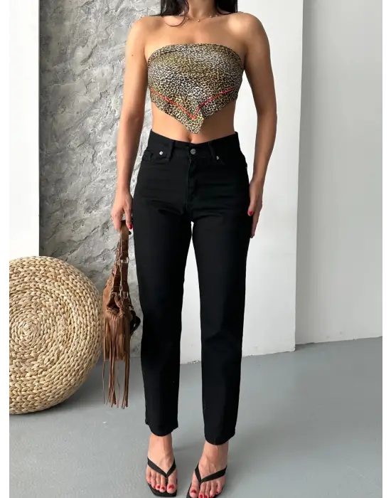 Mom Fit Enzim Taş Yıkama Jeans Pantolon Siyah D2006