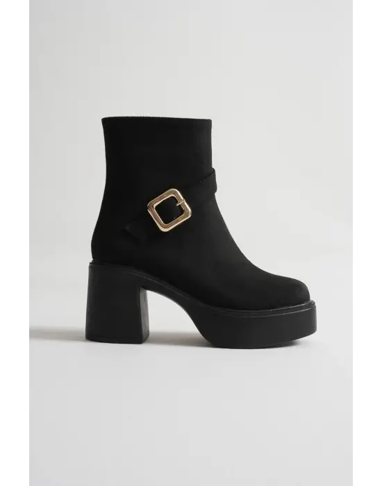 Mona Kadın Siyah Süet Tokalı Topuklu Bot