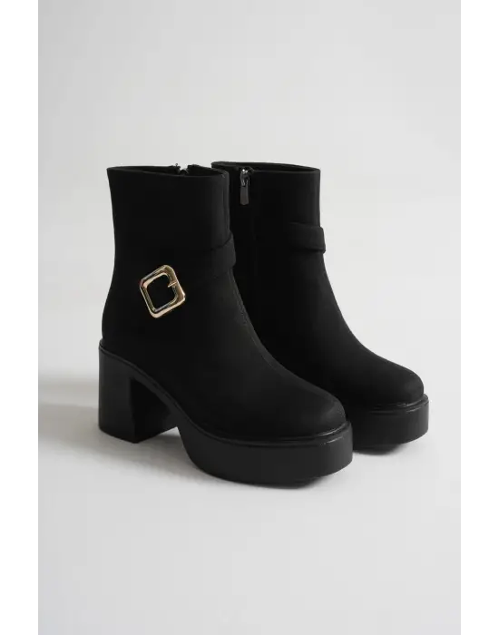 Mona Kadın Siyah Süet Tokalı Topuklu Bot